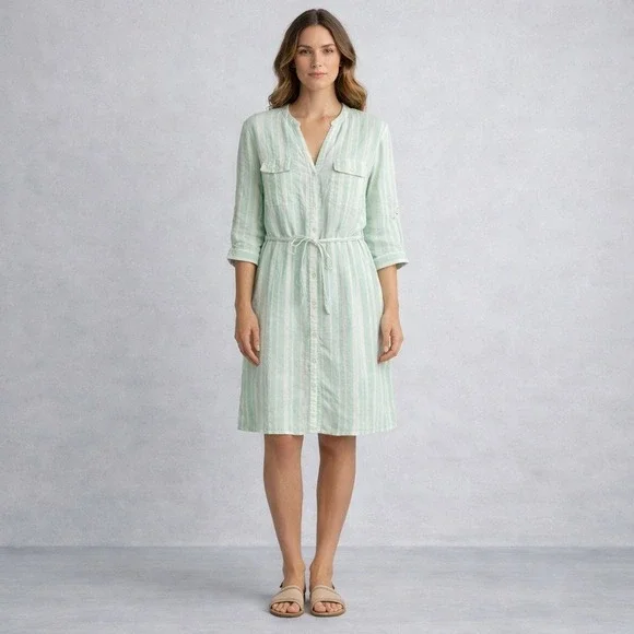 New Linen Pastel Striped Shirt Dress XL Coastal Beachy Old Money Preppy Minimal - Picture 1 of 12